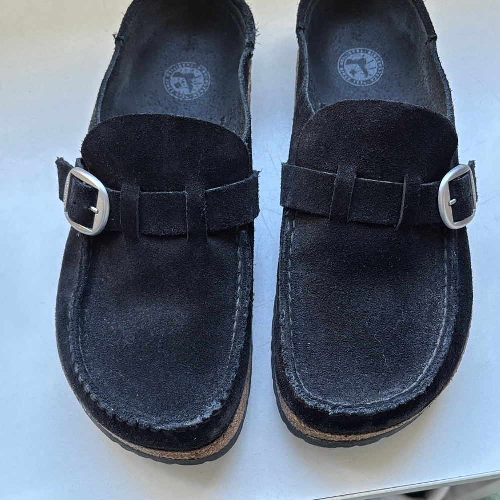 Birkenstock Buckley Black Suede Mules with Silver Buckle
